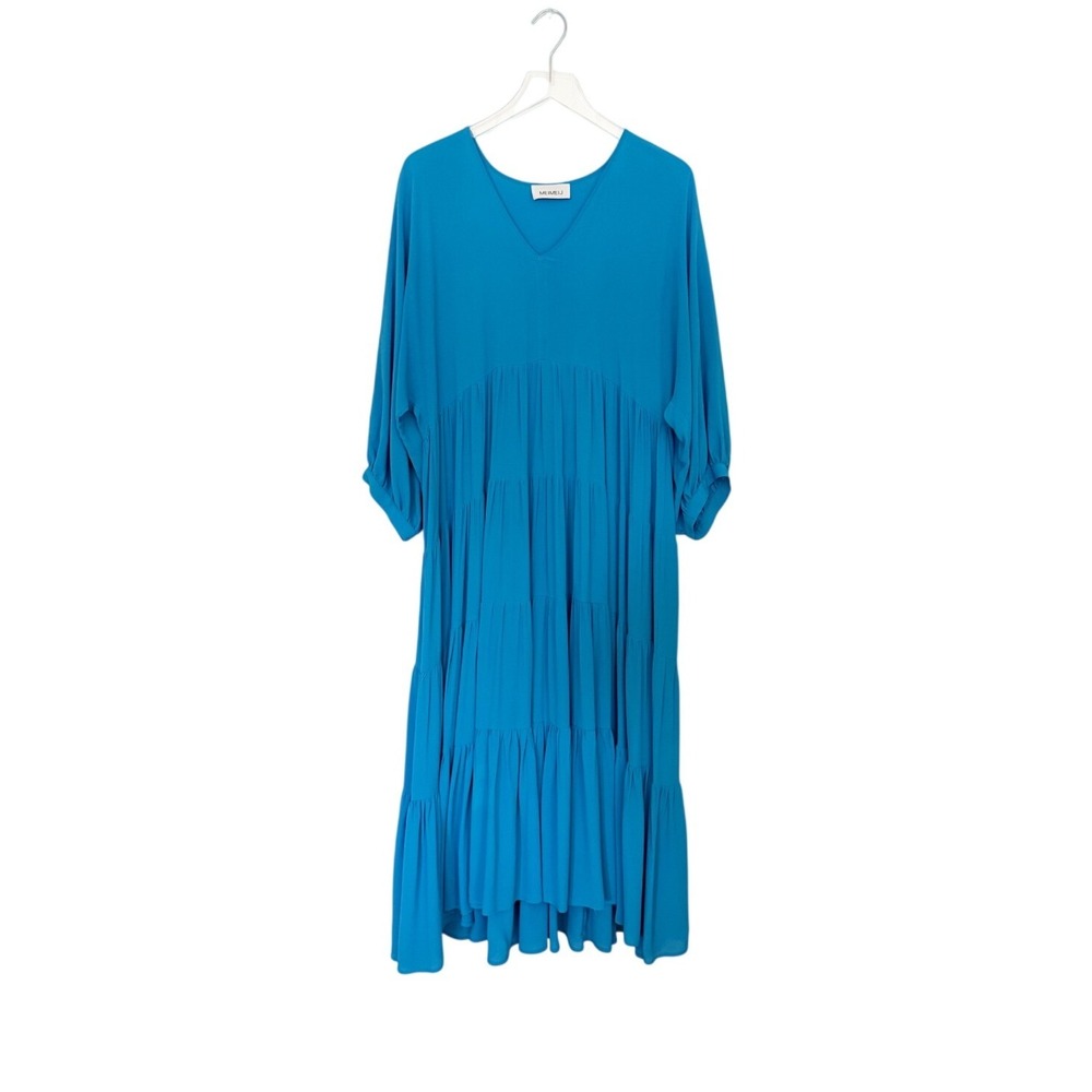 MEIMEIJ Italian Blue Flared Tiered V Neck Midi Dress US Medium